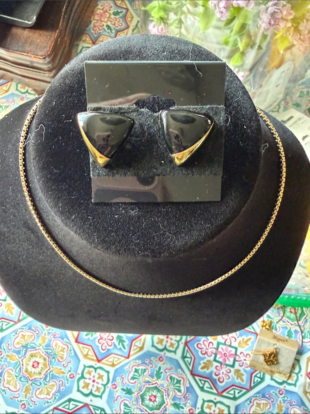 Monet Black and Gold Triangle Pierced Earrings 16 inch Gold chain also Monet